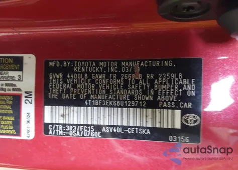 2011 Toyota Camry Se из США, поврежденный, VIN 4T1BF3EK6BU129712